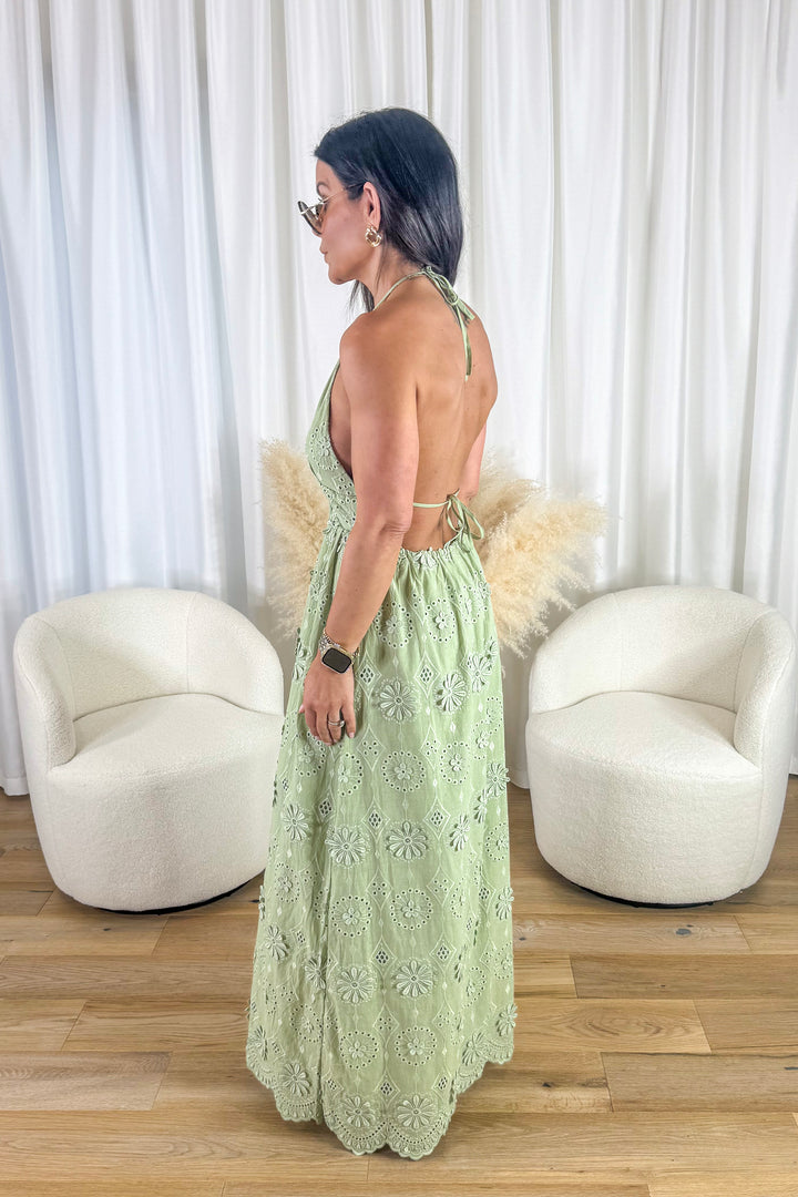 Sage Eyelet Halter Maxi Dress