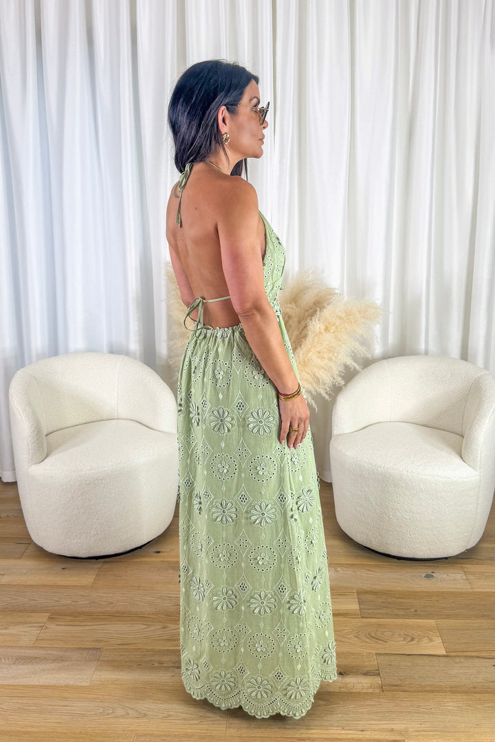 Sage Eyelet Halter Maxi Dress