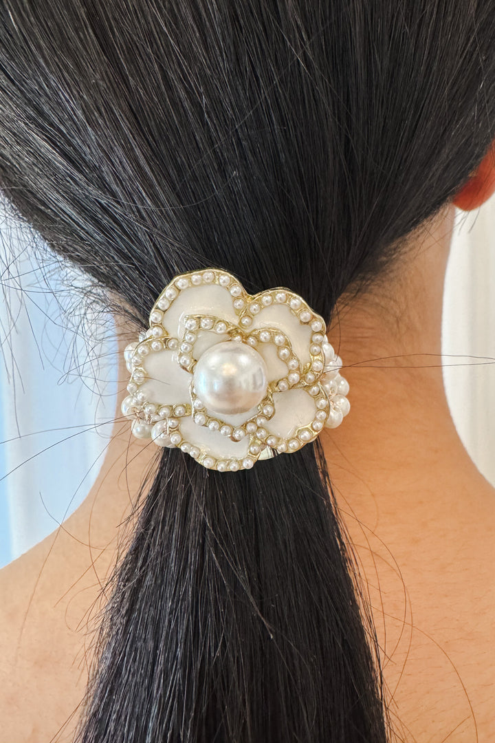 Pearl Beaded Camelia Flower Hair Tie