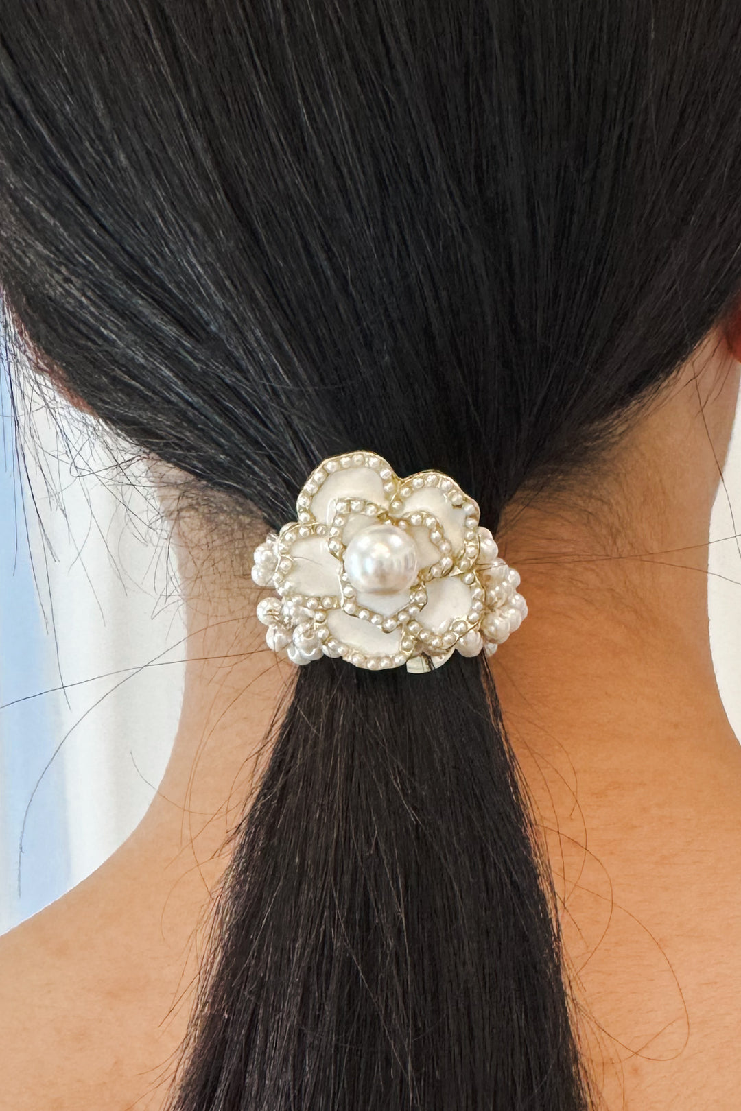 Pearl Beaded Camelia Flower Hair Tie