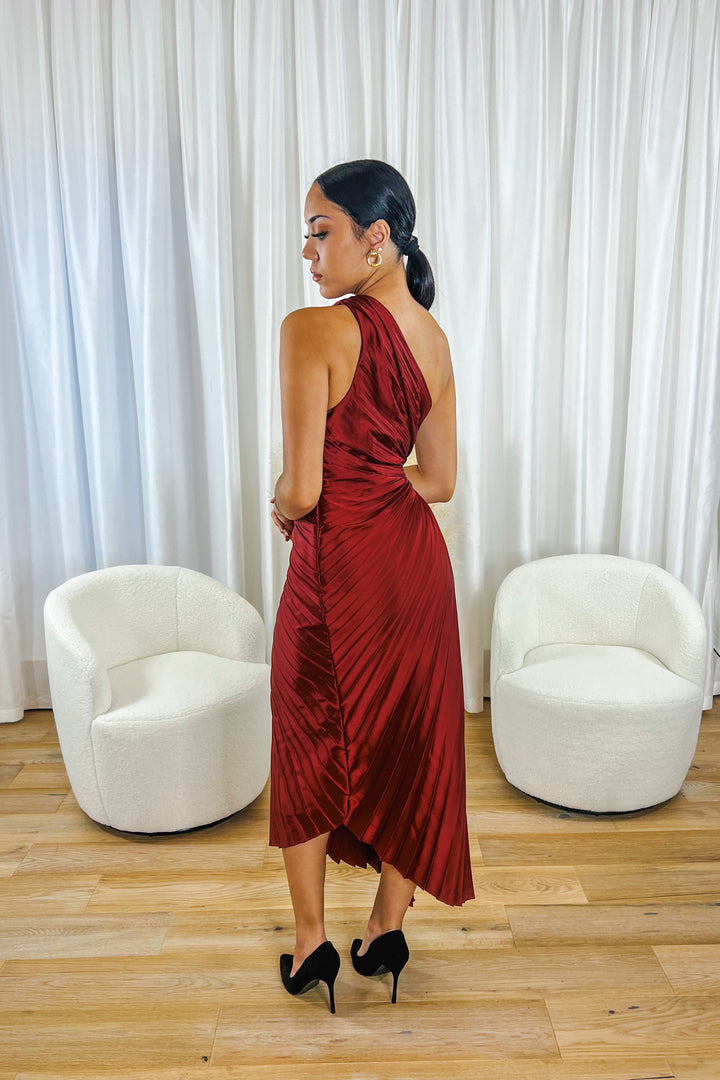 Nina Asymmetrical Pleated Dress In Merlot